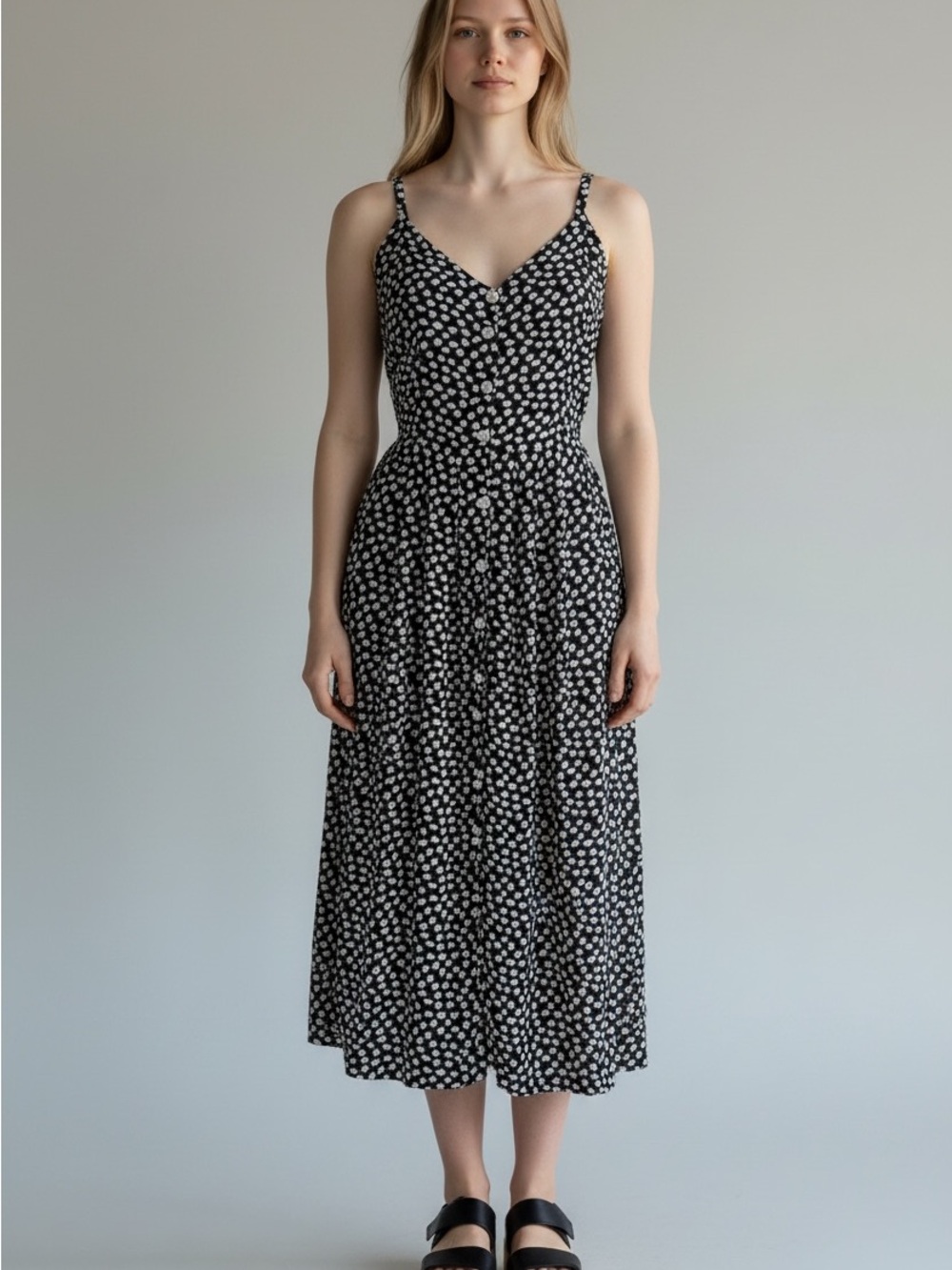 90 Vintage DITSY Daisy Print Navy Blue Rayon Sun Dress | S